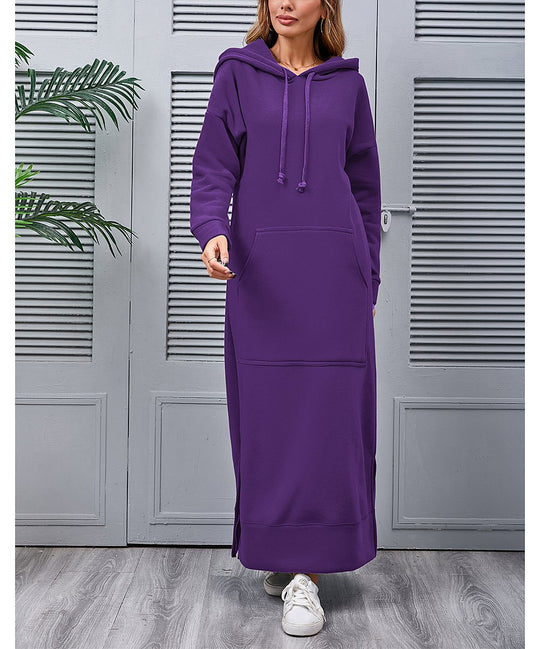 Damen nan langes Kapuzen-Sweatkleid mit Kängurutasche, Seitenschlitzen und lockerer Oversize-Passform Shop Nory
