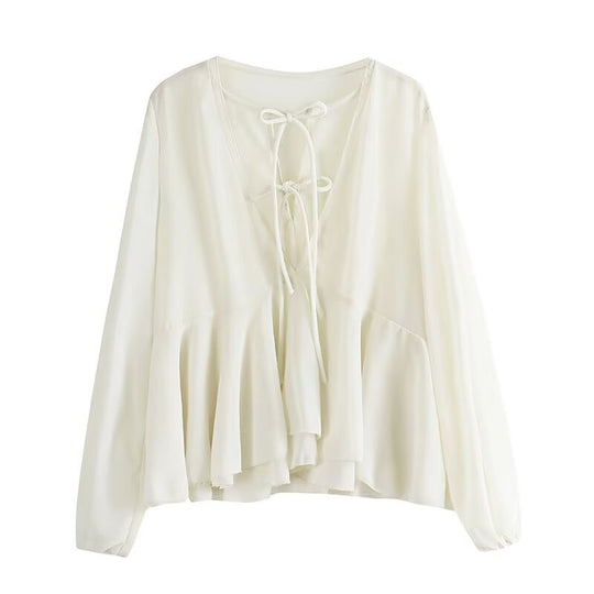Damen Weiche Chiffonbluse mit Schnürung, V‑Ausschnitt und Volantsaum Shop Nory