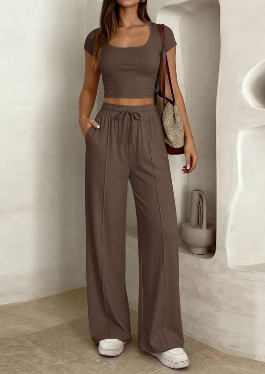 Damen lässiges Cropped-Top und weite Hose Set