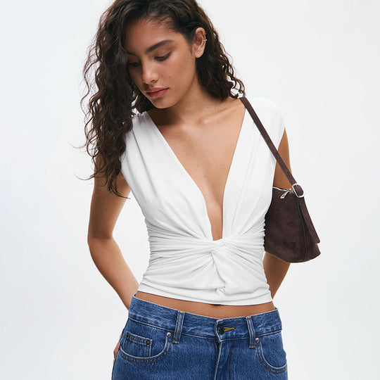 Damen Wickeloberteil mit tiefem V-Ausschnitt und elegantem Knotendetail