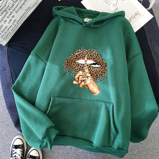 Damen nan oversized Fleece-Hoodie mit Leoparden-Lippen-Motiv, Kängurutasche und gerippten Bündchen Shop Nory