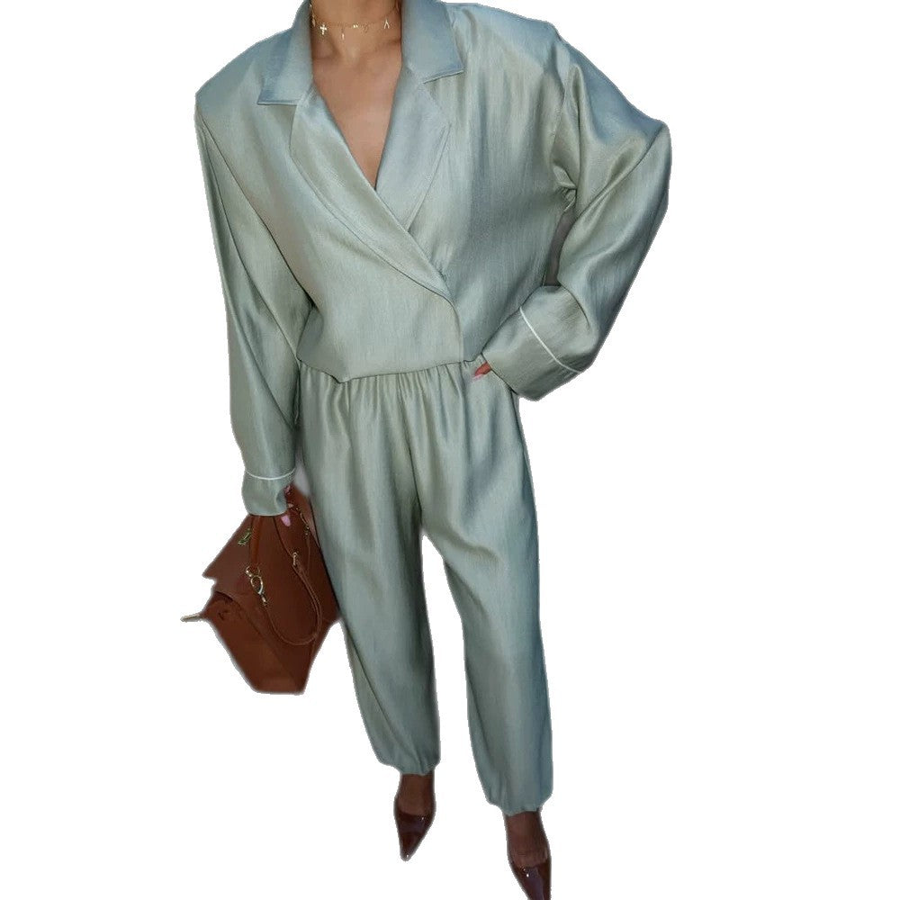Damen Satin-Zweiteiler mit Wickelbluse, weiten Hosen und elastischem Bund Shop Nory