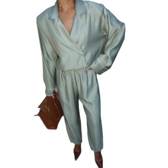 Damen Satin-Zweiteiler mit Wickelbluse, weiten Hosen und elastischem Bund Shop Nory