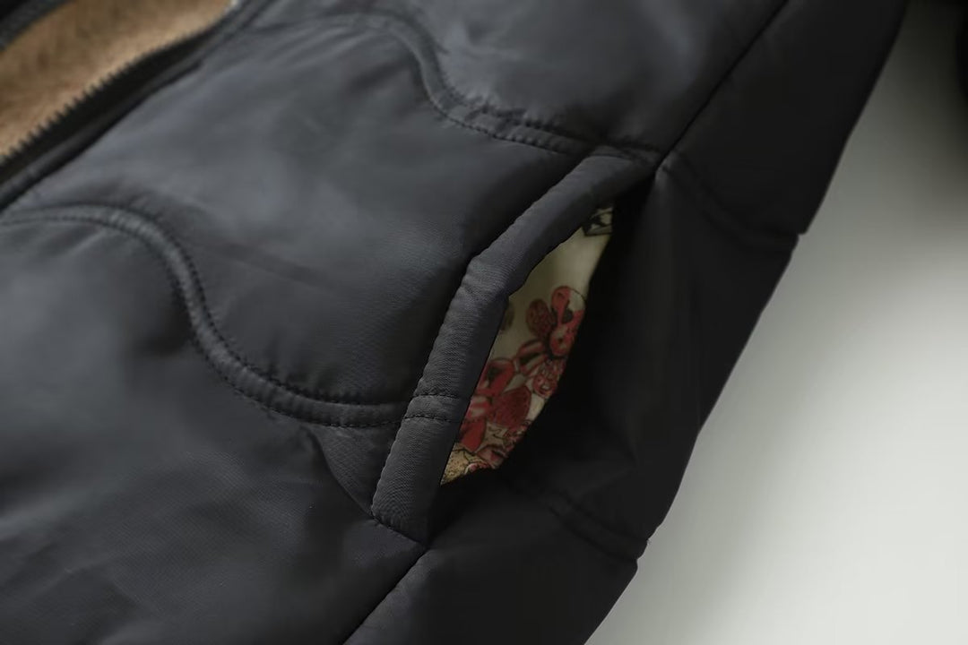 Damen A-Linien Steppmantel mit Kapuze Teddyfutter und Zweiwege-Reißverschluss Shop Nory
