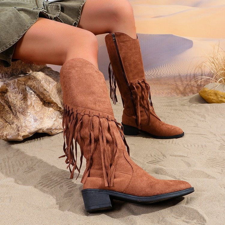 Damen Kniehohe Fransenstiefel im Western‑Boho‑Look mit spitzer Vorderkappe und mittlerem Blockabsatz Shop Nory