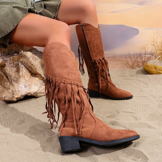 Damen Kniehohe Fransenstiefel im Western‑Boho‑Look mit spitzer Vorderkappe und mittlerem Blockabsatz Shop Nory