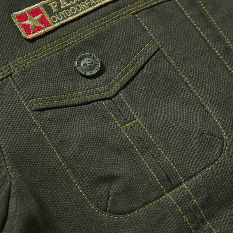Herren Canvas-Workerjacke im Military-Utility-Stil mit Knopfverschluss, Abzeichen und Brustpattentaschen Shop Nory