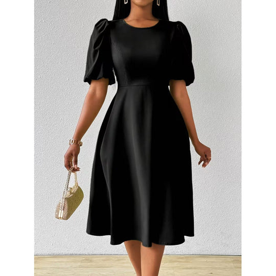 Damen Midi-Kleid mit Puffärmeln und schwingendem Saum