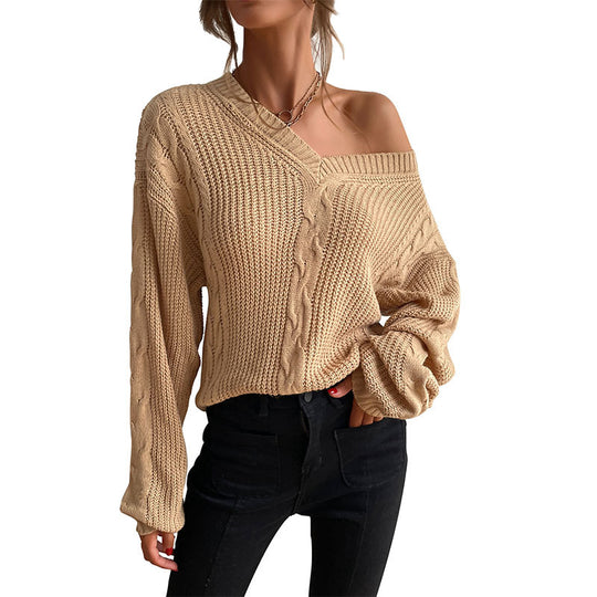 Damen Grobstrick Oversize-Pullover mit Zopfdetail und weitem V-Ausschnitt Shop Nory