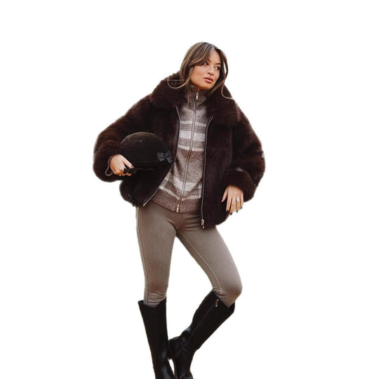 Damen Kurze voluminöse Kunstpelz-Bomberjacke mit Reißverschluss und Schalkragen Shop Nory