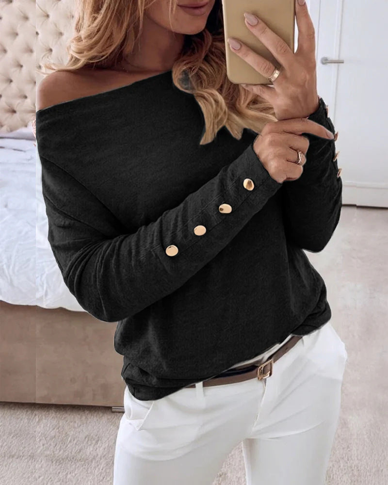 Damen Offshoulder Feinstrickpullover mit Zierknopfleiste an den Ärmeln Shop Nory
