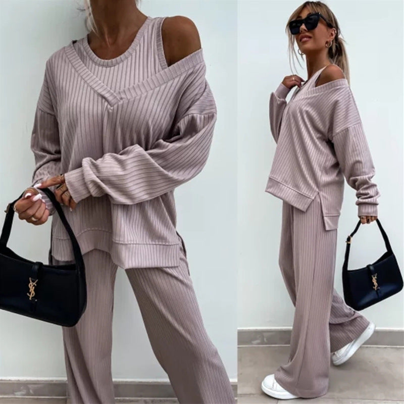 Damen lässiges Rippsweat-Lounge-Set mit Off-Shoulder-Sweatshirt und weit geschnittener High-Waist-Hose Shop Nory