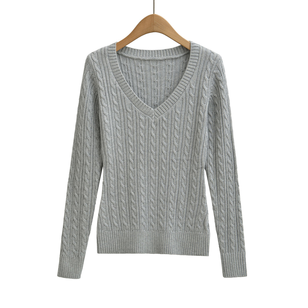 Damen Grobgestrickter V-Ausschnitt Pullover mit Zopfstrickstruktur Shop Nory