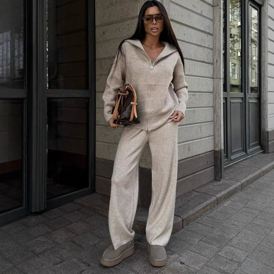 Damen Feinstrick-Loungewear-Set mit Zwei-Wege-Reißverschluss und weitem Umlegekragen Shop Nory