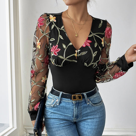 Damen Bestickter Mesh-Body mit V-Ausschnitt, figurformendem Rumpf und transparenten Blumenärmeln Shop Nory