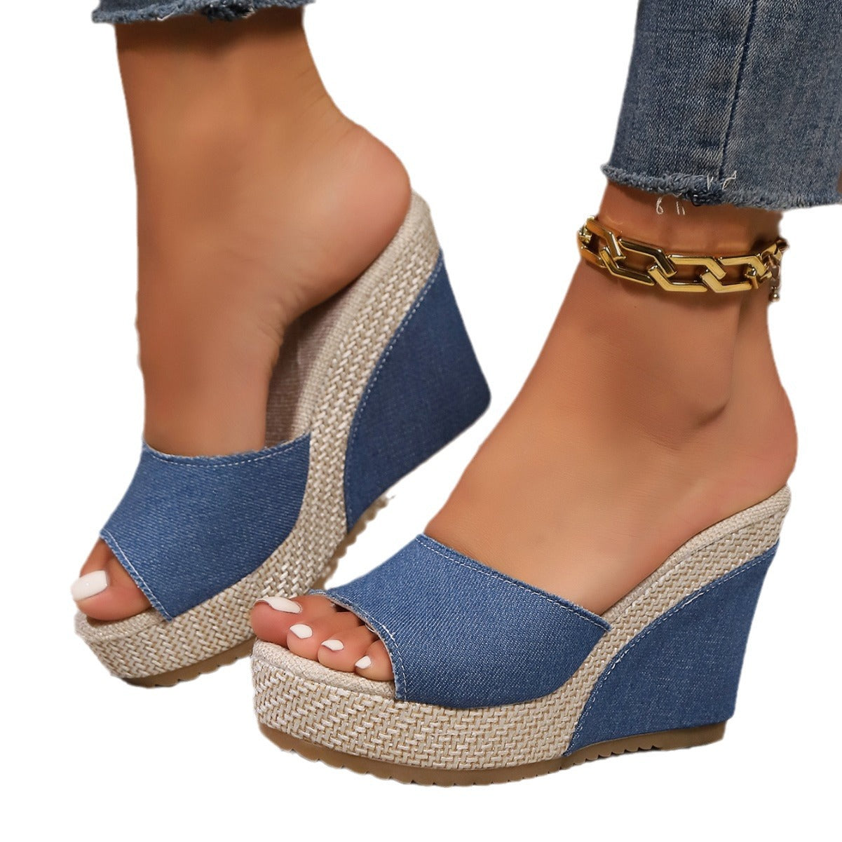 Damen Wedge-Pantoletten mit modischer Textil-Oberfläche und angenehmem Fußbett Shopnory