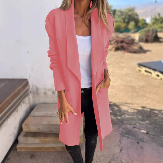 Damen Langer offener Cardigan mit Schalkragen, Eingrifftaschen und leichtem Fall Shop Nory