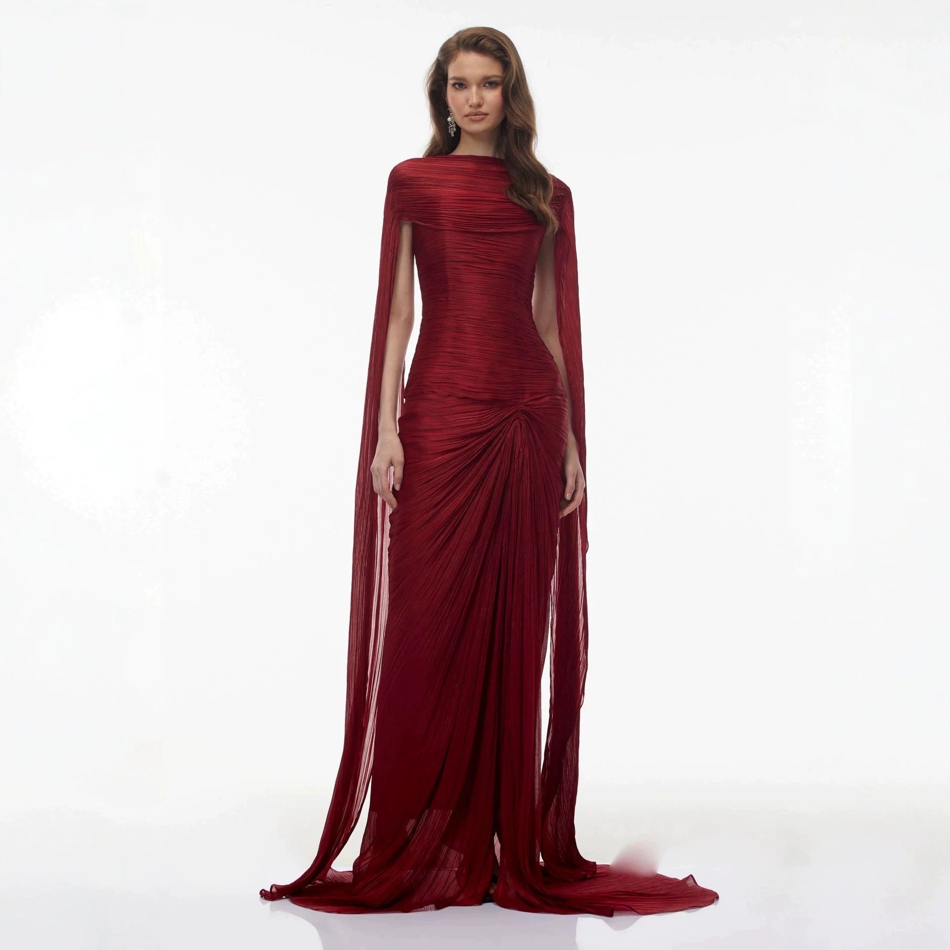Damen Elegantes Maxikleid mit schulterfreier Silhouette und drapierter Cape-Optik Shopnory