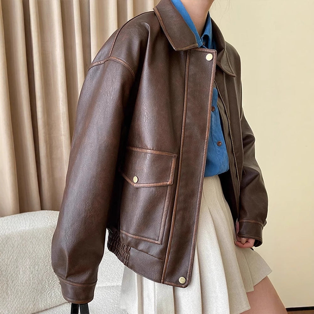 Damen Oversize-Lederimitatjacke mit Hemdkragen und Reißverschluss Shop Nory