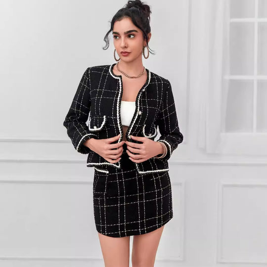 Damen Zweiteiliges Bouclé-Blazer-Set mit Zierstreifen und tailliertem Minirock Shop Nory