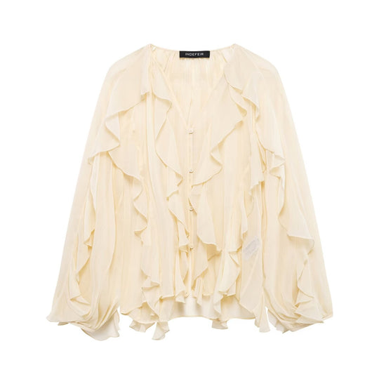 Damen nan feminine Chiffon-Volantbluse mit Ballonärmeln und V-Ausschnitt
