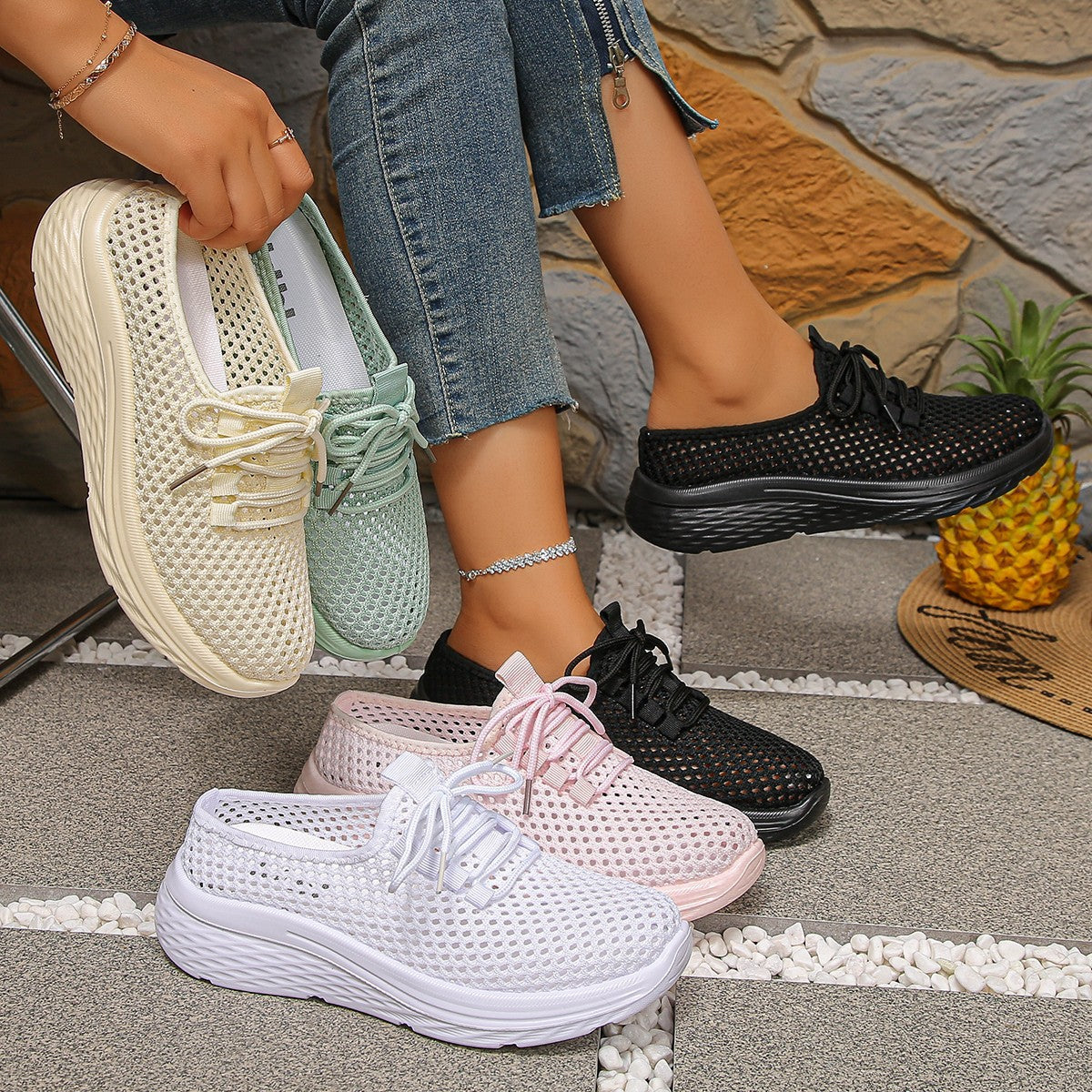 Damen Atmungsaktive Mesh-Sneaker mit elastischem Schnürsystem und rutschfester Sohle
