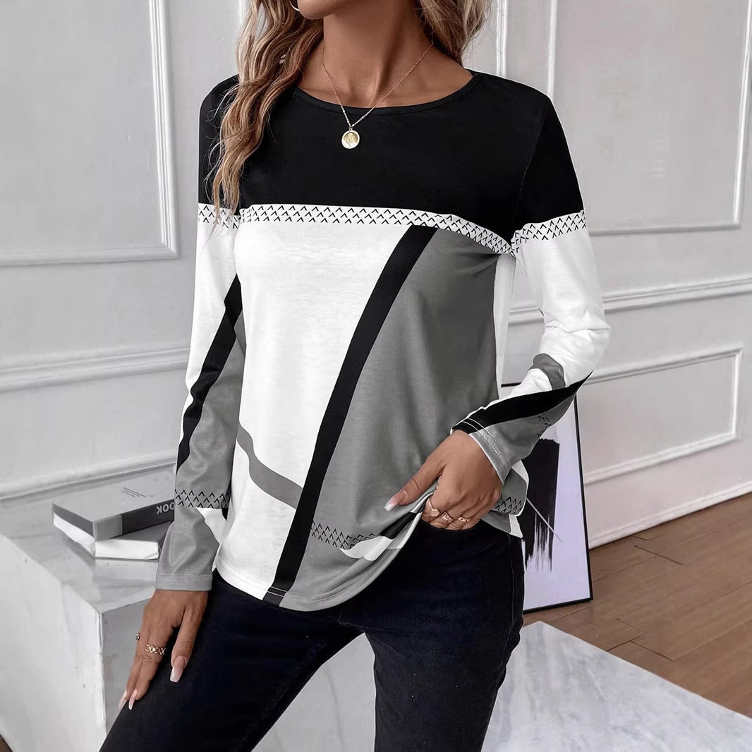 Damen Langarmshirt mit geometrischem Blockprint und Rundhalsausschnitt Shop Nory