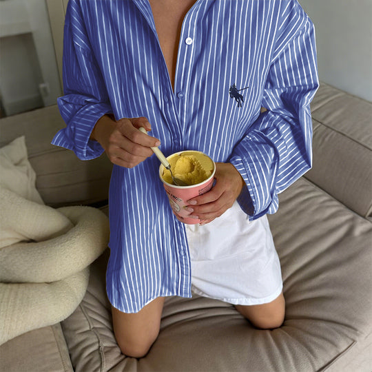 Damen nan oversized gestreifte Hemdbluse mit verlängertem Rückteil und extraweiten Manschetten Shop Nory