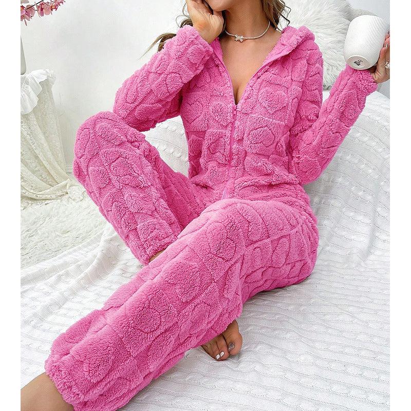 Damen Gemütlicher Fleece-Overall mit Kapuze
