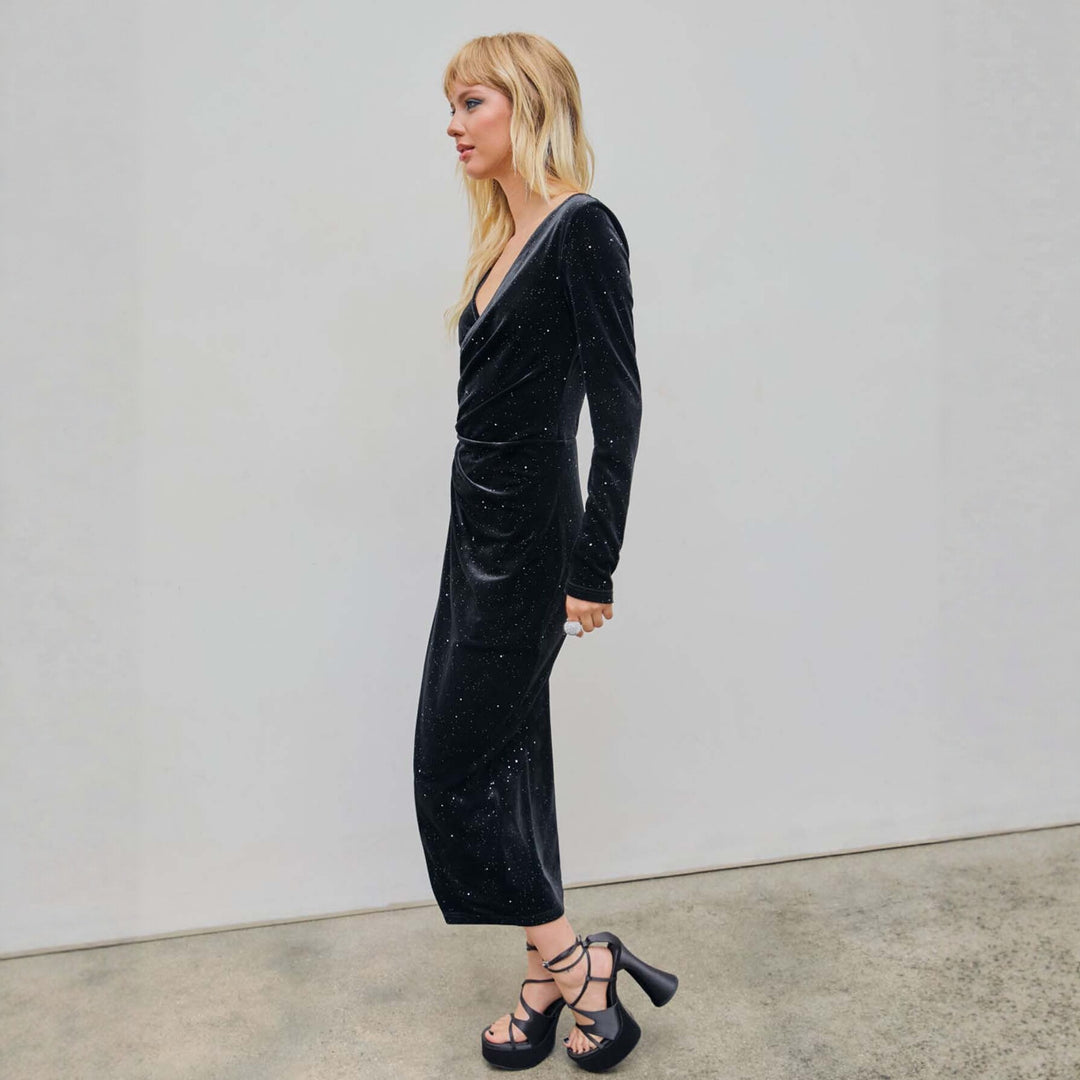 Damen glamouröses Samt-Wickelkleid mit Glitzereffekt, Raffung und hohem Beinschlitz Shop Nory