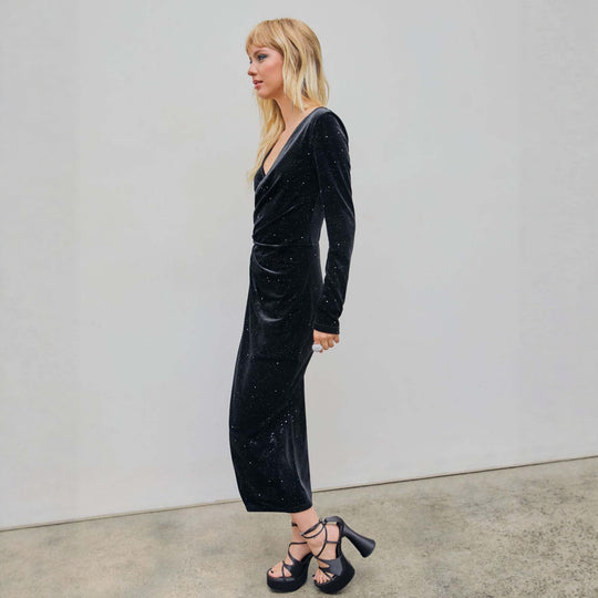 Damen glamouröses Samt-Wickelkleid mit Glitzereffekt, Raffung und hohem Beinschlitz Shop Nory