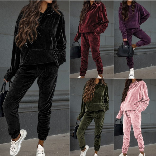 Damen Samt-Jogginganzug mit Kapuzenhoodie, Kängurutasche und elastischer Bündchenhose Shop Nory