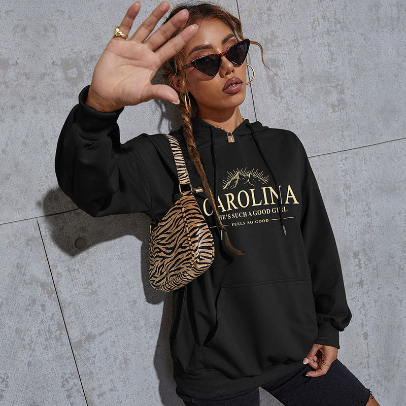Damen Lässiger Oversize-Kapuzenpullover mit Statement-Print, Kängurutasche und Rippbündchen Shop Nory