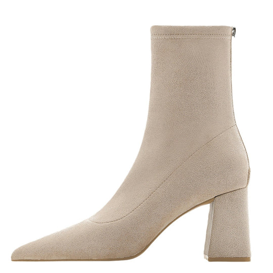 Damen Spitze Sock‑Ankle‑Boots mit skulpturellem Blockabsatz und Stretch‑Veloursoptik Shop Nory