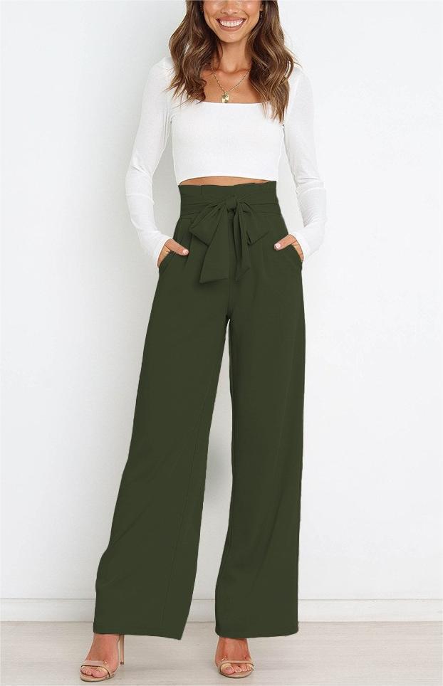 Damen Weit geschnittene High-Waist-Hose mit Binde-Gürtel und Taschen