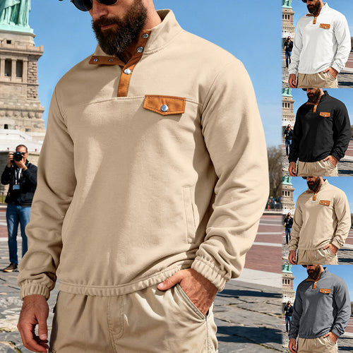 Herren Funktionssweat mit Stehkragen, Druckknopfleiste und Kunstlederbesatz Shop Nory