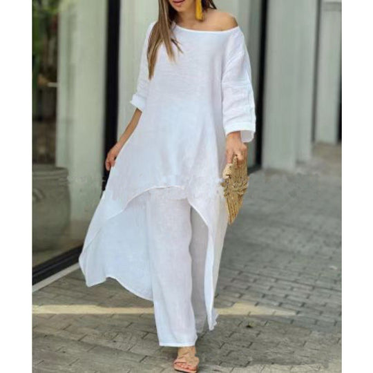 Damen Leichtes Leinen-Zweiteiler mit asymmetrischer High-Low-Tunika und weiter Palazzo-Hose Shop Nory