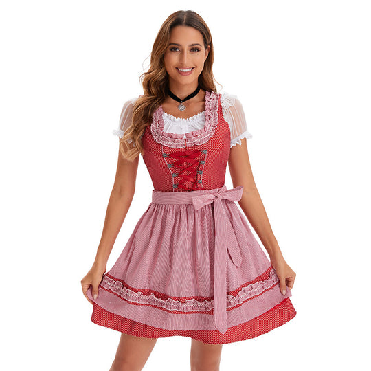 Damen nan kurzes traditionelles Dirndlkleid mit Korsett-Schnürung Spitzendetails und bindbarer Schürze Shop Nory