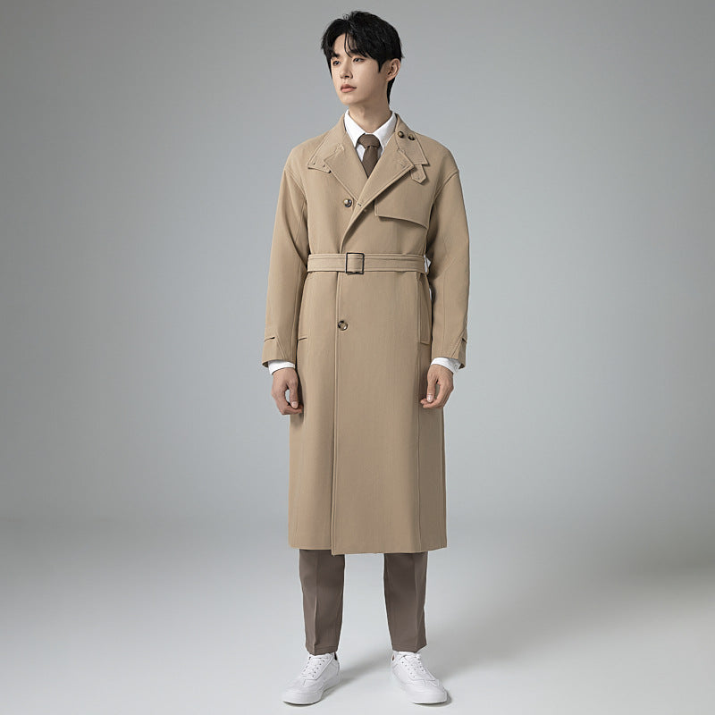 Herren Langer moderner Trenchcoat aus leichtem Twill mit verdeckter Knopfleiste und Taillenriegel Shop Nory
