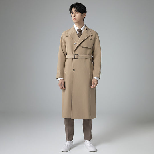 Herren Langer moderner Trenchcoat aus leichtem Twill mit verdeckter Knopfleiste und Taillenriegel Shop Nory