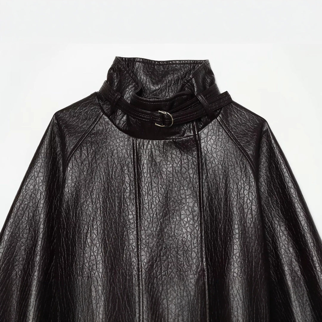 Damen Kurzjacke aus Lederimitat mit hohem Schnallenkragen und Taillengürtel Shop Nory