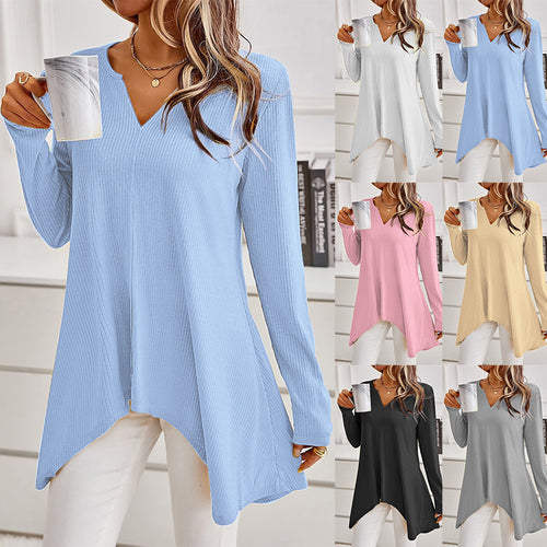 Damen Ripp Longsleeve Tunika mit V-Ausschnitt und asymmetrischem Haifischsaum Shop Nory