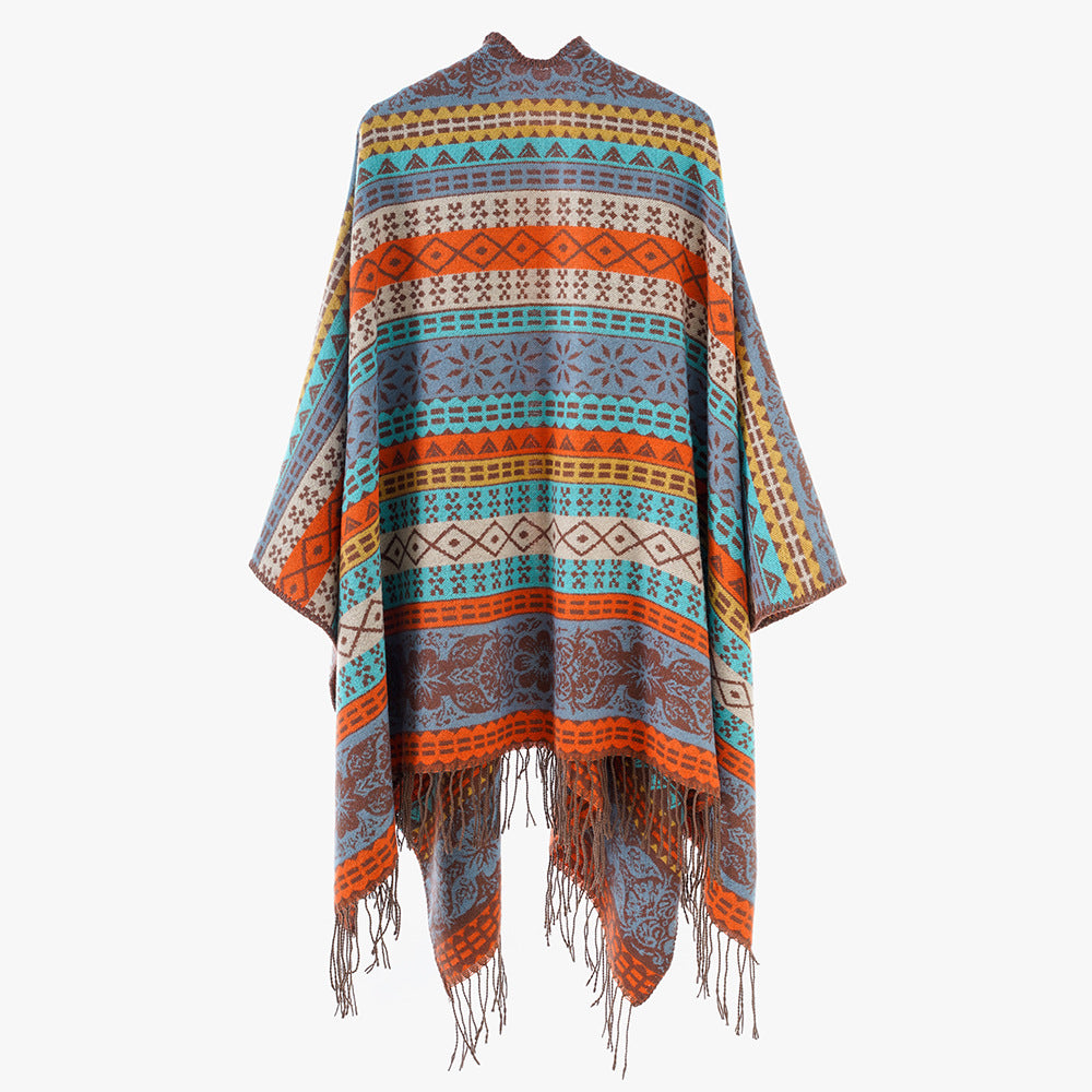 Damen Cape-Poncho mit mehrfarbigem Jacquard, offener Front und Fransensaum Shop Nory