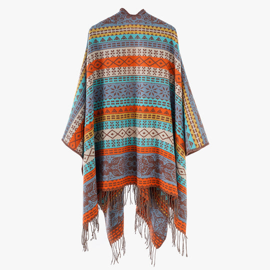 Damen Cape-Poncho mit mehrfarbigem Jacquard, offener Front und Fransensaum Shop Nory