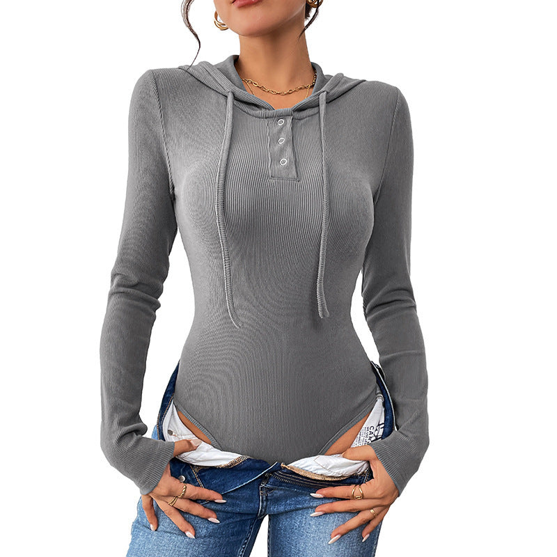 Damen Langarm Body mit Kapuze und Knopfdetail Shop Nory