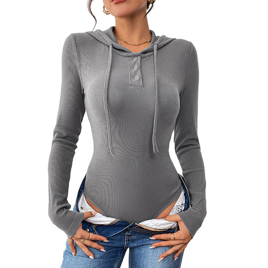 Damen Langarm Body mit Kapuze und Knopfdetail Shop Nory