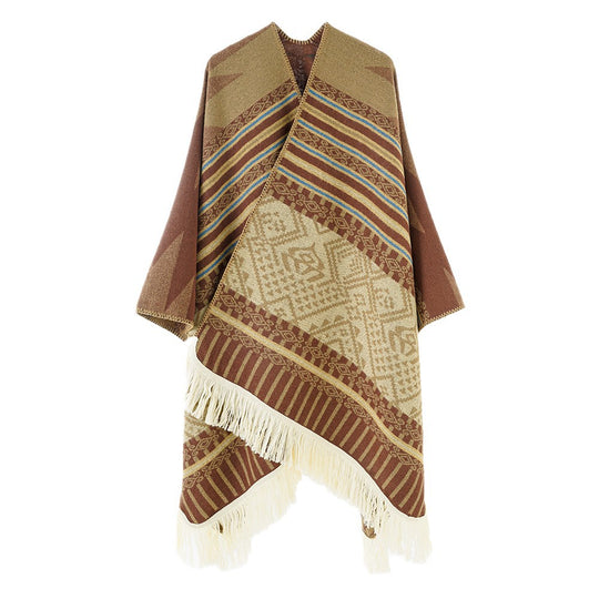 Damen Gewebter Jacquard-Poncho mit V-Ausschnitt, Ethno‑Print und Fransen Shop Nory