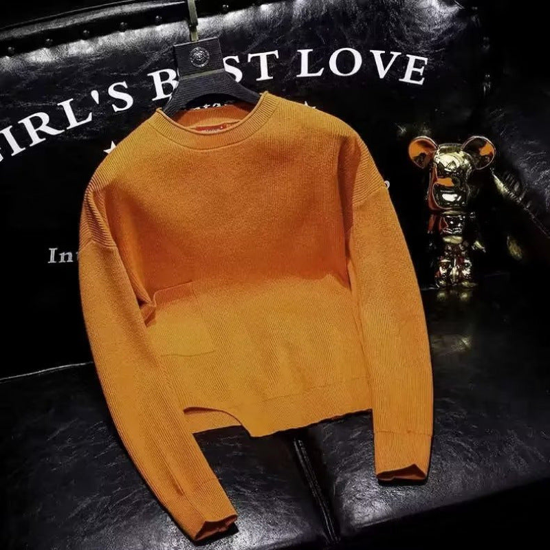 Damen Kurz geschnittener Strickpullover mit unregelmäßigem Saum und Rundhalsausschnitt Shop Nory