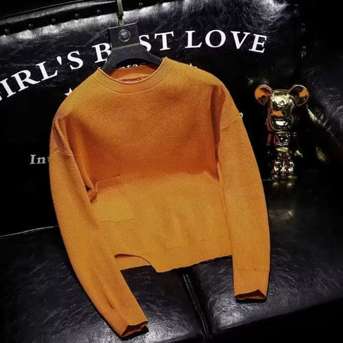 Damen Kurz geschnittener Strickpullover mit unregelmäßigem Saum und Rundhalsausschnitt Shop Nory