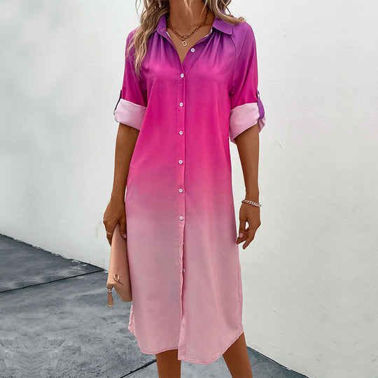 Damen Hemdblusenkleid mit sanftem Farbverlauf, lockerem Schnitt und krempelbaren dreiviertelärmeln Shop Nory